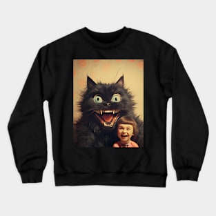 Vintage Little Girl and Creepy Cat - Enchanting Retro Art Crewneck Sweatshirt